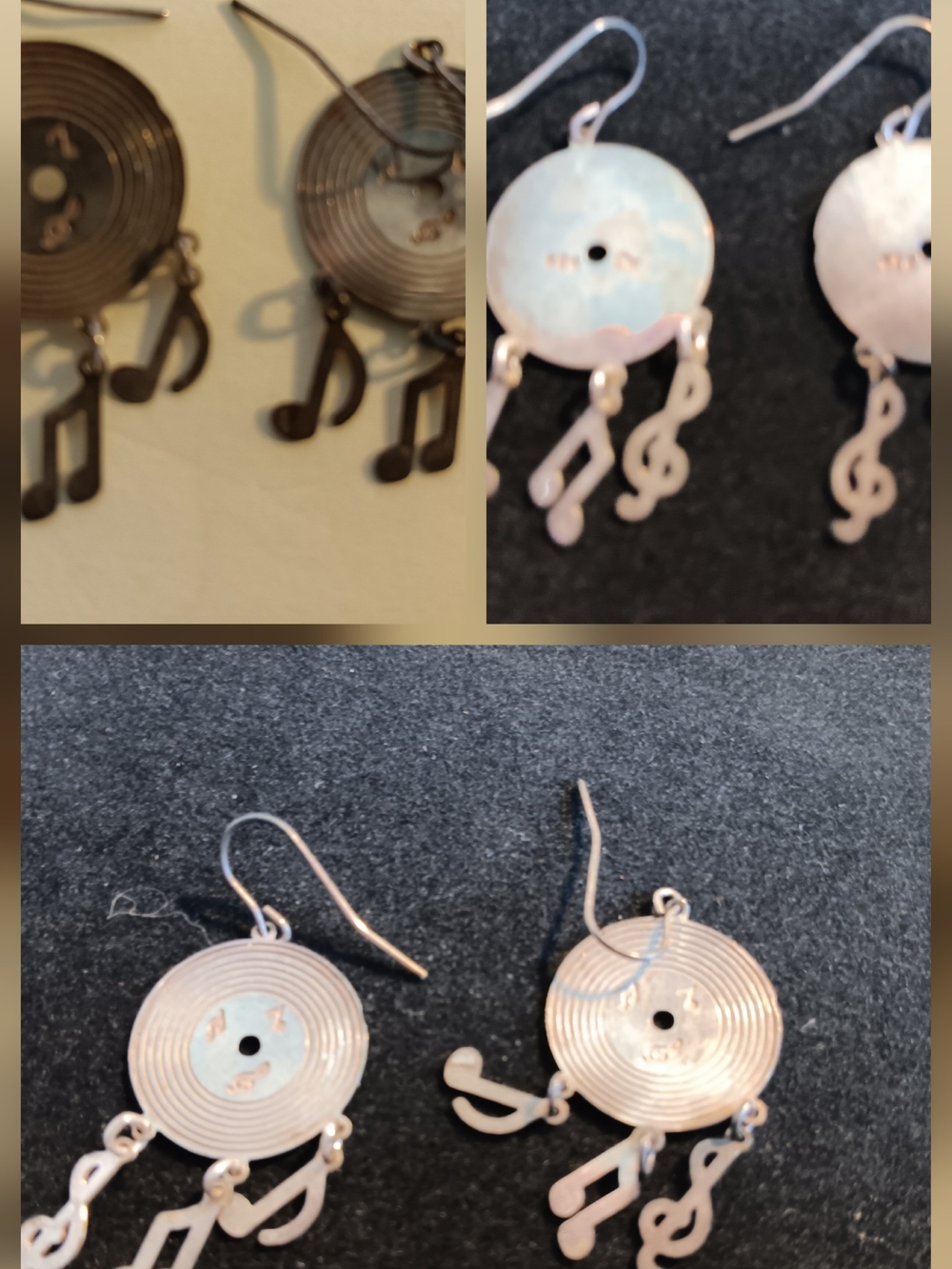 Silver 925 Vinyl Disc Dangle Earrings with Music Note Charms - Silver